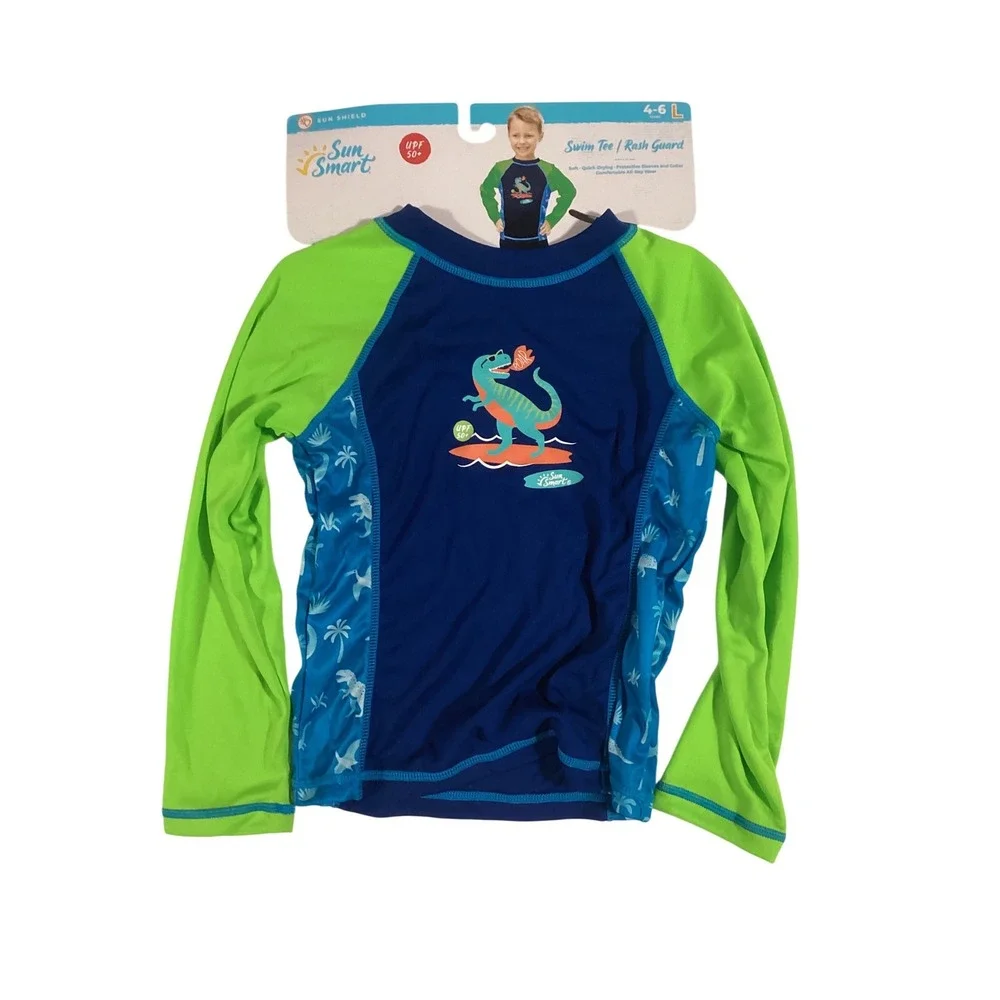 Sun Smart Kids Boys Long Sleeve RashGuard SwimTee Blue Green Dinosaur Size 4-6 L